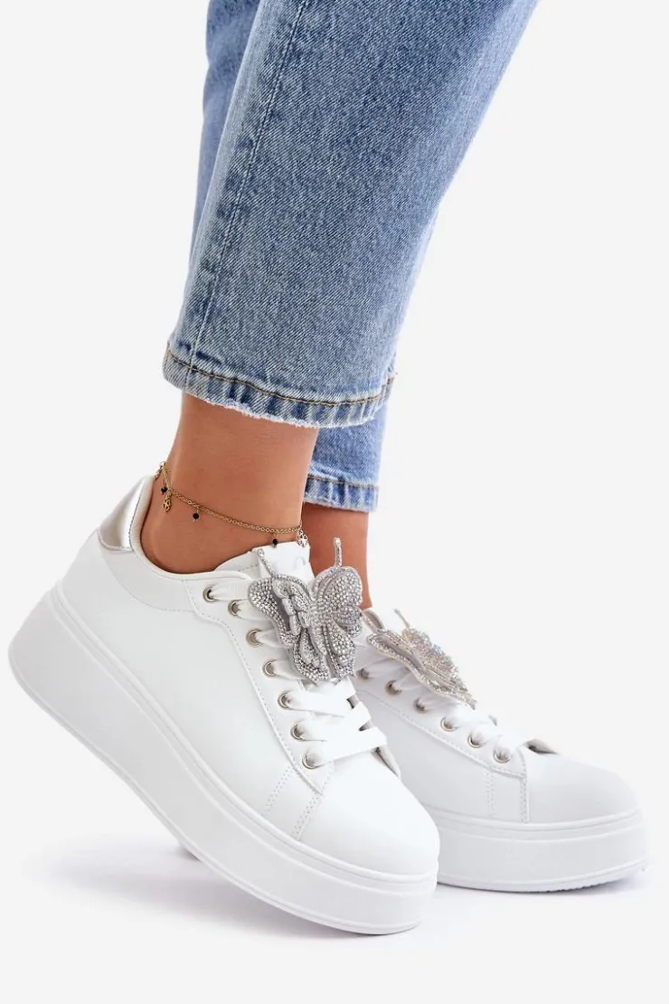 Damskie Boto Sneakersy Damskie Na Platformie Z Motylem Biało-Srebrne Naritevia