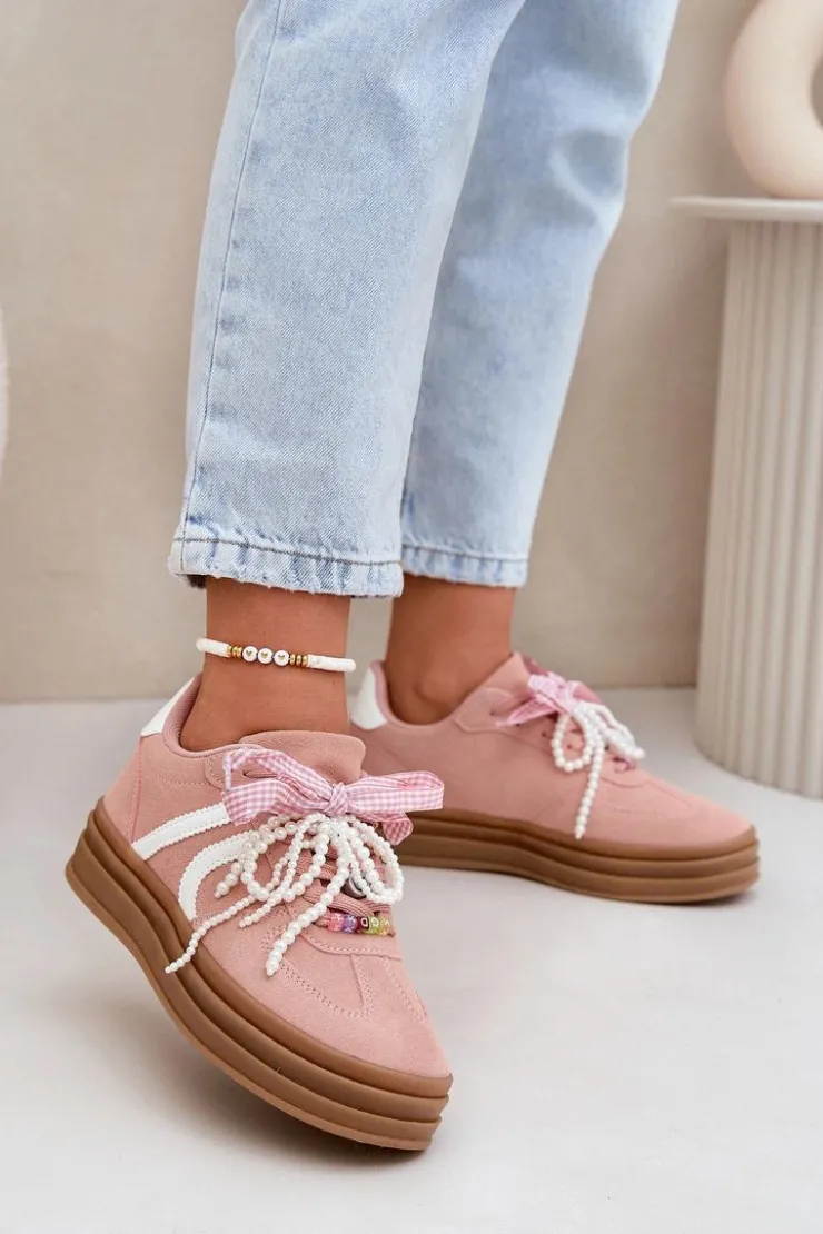 Online Boto Sneakersy Damskie Na Platformie Z Ozdobami Różowe Vinness Różowy