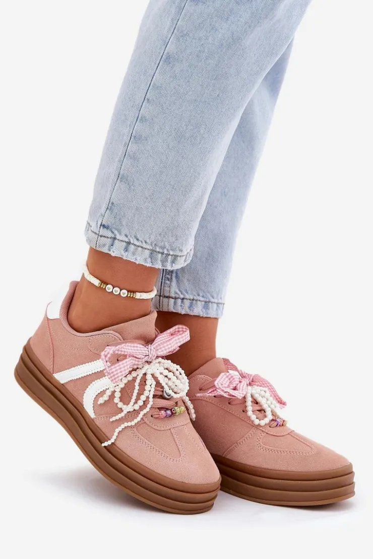 Online Boto Sneakersy Damskie Na Platformie Z Ozdobami Różowe Vinness Różowy