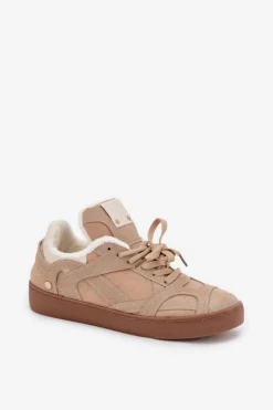 Boto Sneakersy Damskie*Sneakersy Damskie Na Platformie Ocieplane Futerkiem Beżowe Solvia Beżowy
