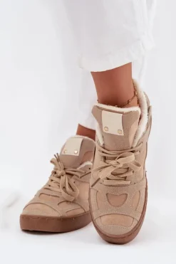 Boto Sneakersy Damskie*Sneakersy Damskie Na Platformie Ocieplane Futerkiem Beżowe Solvia Beżowy