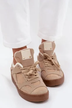 Boto Sneakersy Damskie*Sneakersy Damskie Na Platformie Ocieplane Futerkiem Beżowe Solvia Beżowy