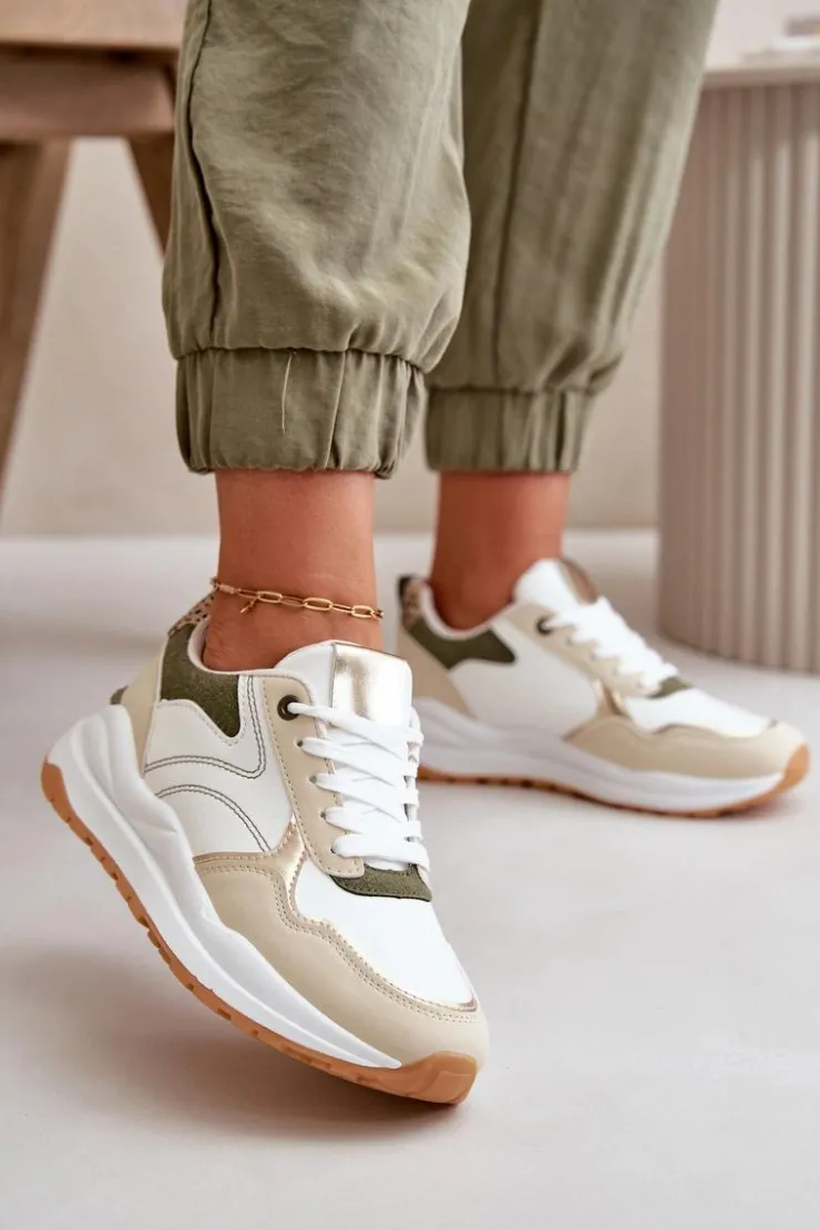 Boto Buty Sportowe Na Platformie|Sneakersy Damskie*Sneakersy Damskie Na Platformie Z Eko Skóry Beżowo-Zielone Issatta