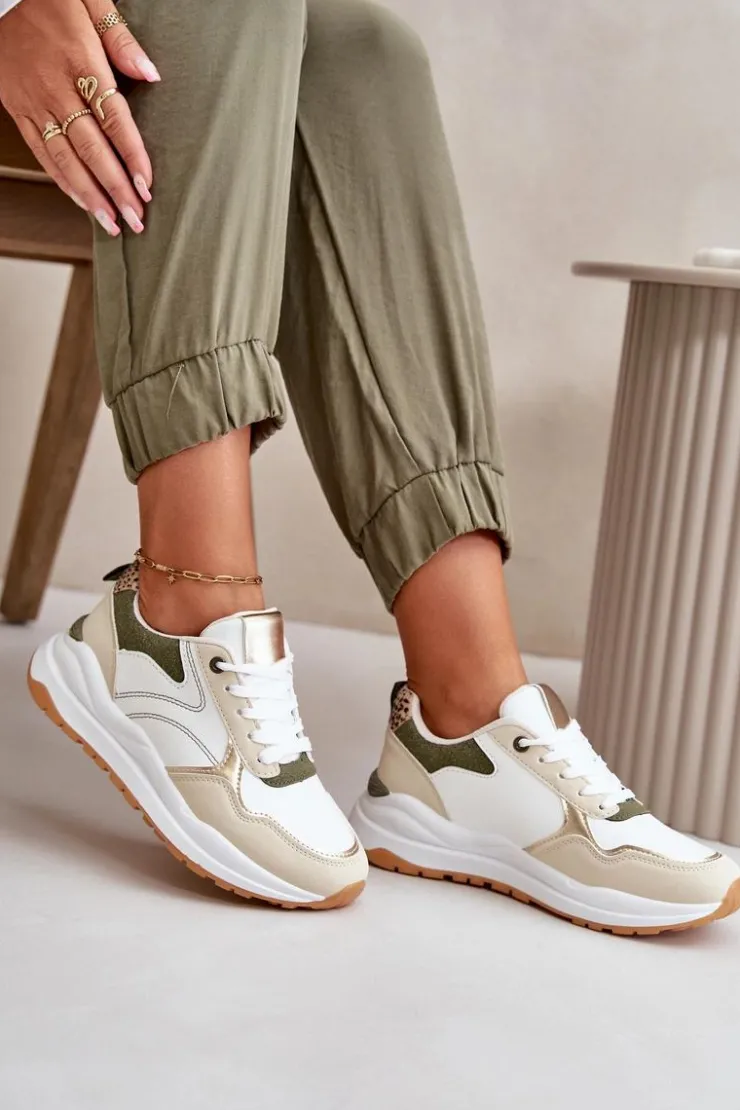 Boto Buty Sportowe Na Platformie|Sneakersy Damskie*Sneakersy Damskie Na Platformie Z Eko Skóry Beżowo-Zielone Issatta