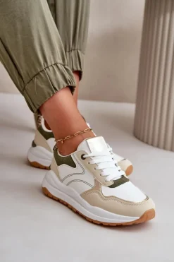Boto Buty Sportowe Na Platformie|Sneakersy Damskie*Sneakersy Damskie Na Platformie Z Eko Skóry Beżowo-Zielone Issatta