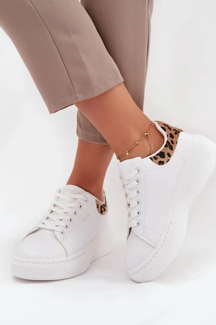 Damskie Big Star Shoes Sneakersy Damskie Na Platformie Big Star SS274247 Białe Panterka