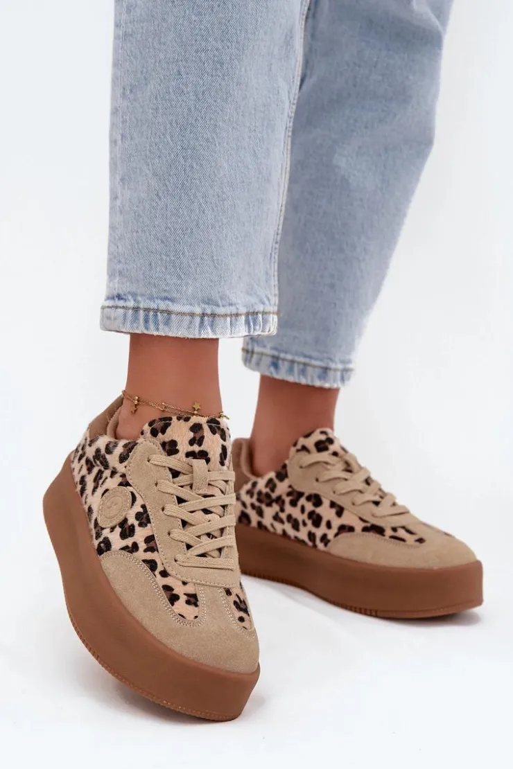 Big Star Shoes Buty Sportowe Big Star|Sneakersy Damskie*Sneakersy Damskie Na Platformie Panterka Big Star SS274763 Beżowe Beżowy