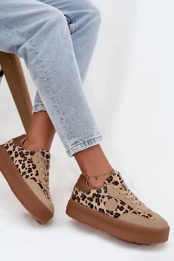 Big Star Shoes Buty Sportowe Big Star|Sneakersy Damskie*Sneakersy Damskie Na Platformie Panterka Big Star SS274763 Beżowe Beżowy