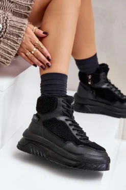 Lee Cooper Buty Sportowe Na Platformie|Sneakersy Damskie*Sneakersy Damskie Na Platformie Z Futerkiem Typu Baranek LCJ-24-47-3145 Czarne Czarny