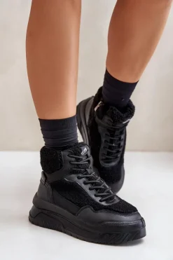 Lee Cooper Buty Sportowe Na Platformie|Sneakersy Damskie*Sneakersy Damskie Na Platformie Z Futerkiem Typu Baranek LCJ-24-47-3145 Czarne Czarny