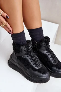 Lee Cooper Buty Sportowe Na Platformie|Sneakersy Damskie*Sneakersy Damskie Na Platformie Z Futerkiem Typu Baranek LCJ-24-47-3145 Czarne Czarny