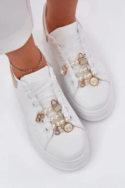 Damskie Boto Sneakersy Damskie Na Platformie Z Przypinkami Biało-Złote Ocerdia