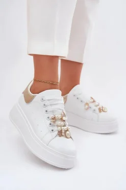 Damskie Boto Sneakersy Damskie Na Platformie Z Przypinkami Biało-Złote Ocerdia