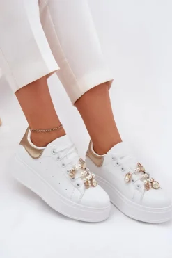 Damskie Boto Sneakersy Damskie Na Platformie Z Przypinkami Biało-Złote Ocerdia