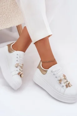 Damskie Boto Sneakersy Damskie Na Platformie Z Przypinkami Biało-Złote Ocerdia