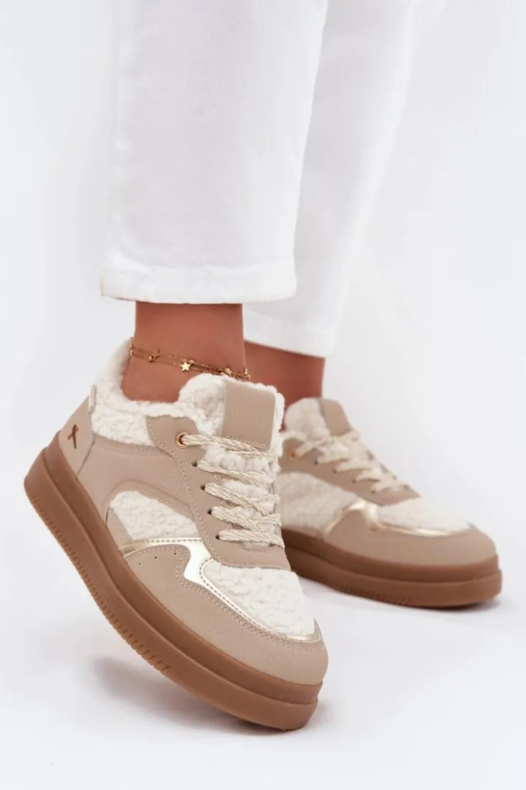 Damskie Boto Sneakersy Damskie Na Platformie Z Futerkiem Typu Baranek Beżowe Frelina