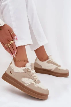 Damskie Boto Sneakersy Damskie Na Platformie Z Futerkiem Typu Baranek Beżowe Frelina