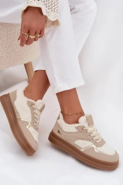 Damskie Boto Sneakersy Damskie Na Platformie Z Futerkiem Typu Baranek Beżowe Frelina