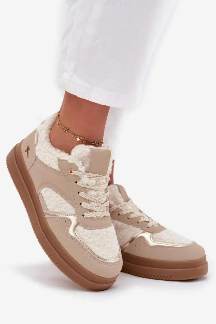 Damskie Boto Sneakersy Damskie Na Platformie Z Futerkiem Typu Baranek Beżowe Frelina