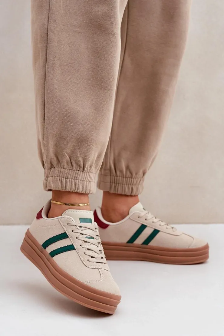 Outlet Boto Sneakersy Damskie Na Platformie Beżowo-Zielone Egelia