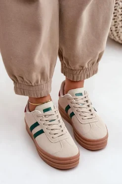 Outlet Boto Sneakersy Damskie Na Platformie Beżowo-Zielone Egelia