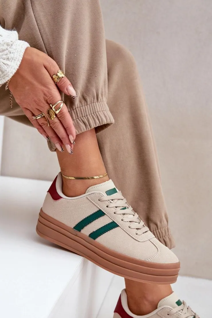 Outlet Boto Sneakersy Damskie Na Platformie Beżowo-Zielone Egelia