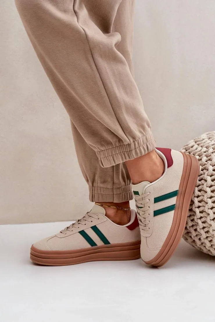 Outlet Boto Sneakersy Damskie Na Platformie Beżowo-Zielone Egelia