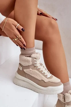 Clearance Lee Cooper Sneakersy Damskie Na Platformie Z Futerkiem Typu Baranek LCJ-24-47-3146 Beżowe