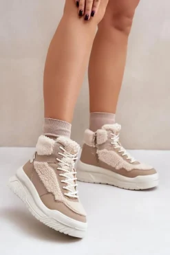 Clearance Lee Cooper Sneakersy Damskie Na Platformie Z Futerkiem Typu Baranek LCJ-24-47-3146 Beżowe