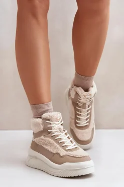 Clearance Lee Cooper Sneakersy Damskie Na Platformie Z Futerkiem Typu Baranek LCJ-24-47-3146 Beżowe