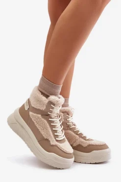 Clearance Lee Cooper Sneakersy Damskie Na Platformie Z Futerkiem Typu Baranek LCJ-24-47-3146 Beżowe