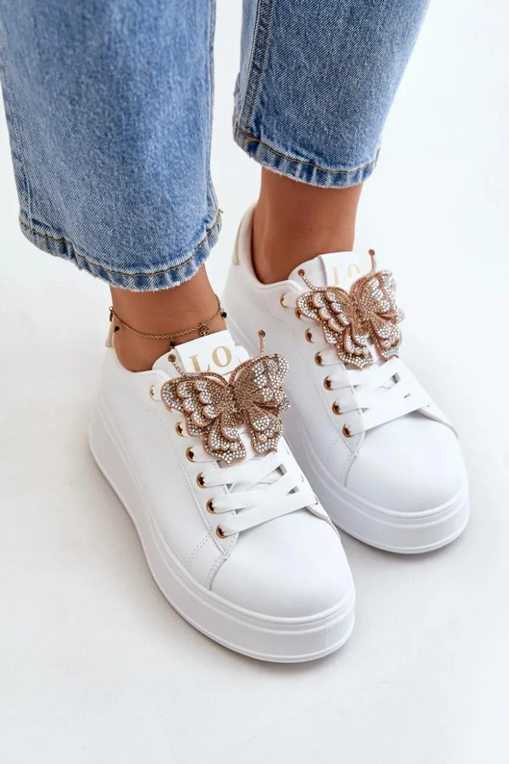 Online Boto Sneakersy Damskie Na Platformie Z Motylem Biało-Złote Naritevia Biały