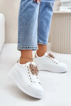 Online Boto Sneakersy Damskie Na Platformie Z Motylem Biało-Złote Naritevia Biały