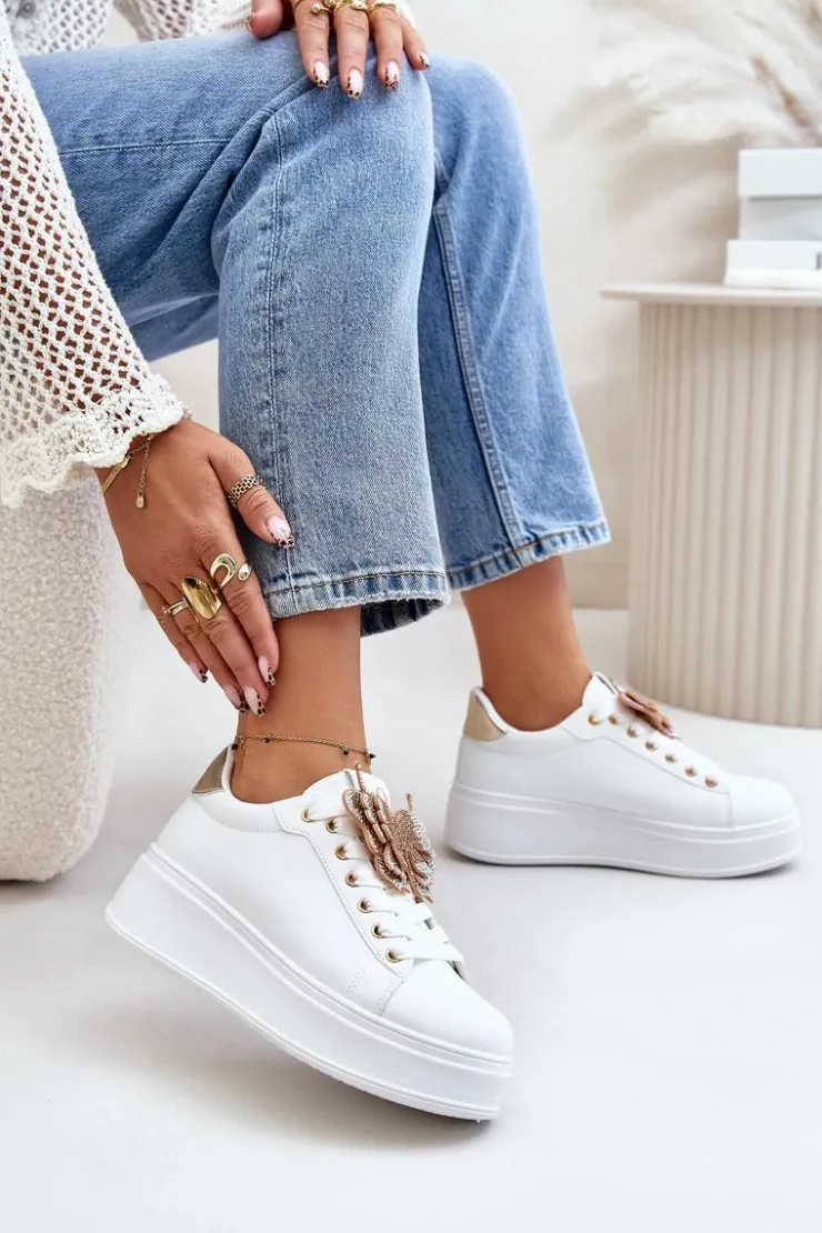 Online Boto Sneakersy Damskie Na Platformie Z Motylem Biało-Złote Naritevia Biały