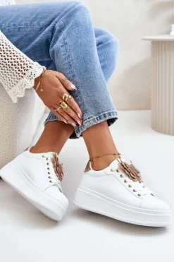 Online Boto Sneakersy Damskie Na Platformie Z Motylem Biało-Złote Naritevia Biały