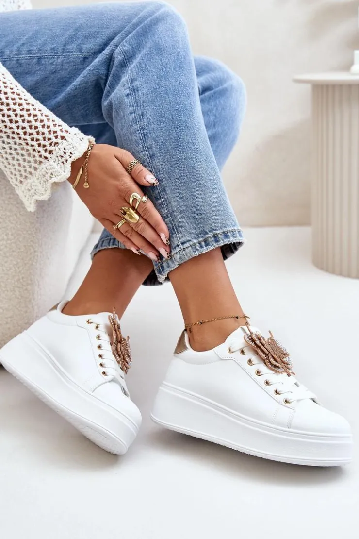 Online Boto Sneakersy Damskie Na Platformie Z Motylem Biało-Złote Naritevia Biały