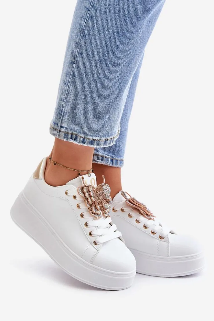 Online Boto Sneakersy Damskie Na Platformie Z Motylem Biało-Złote Naritevia Biały