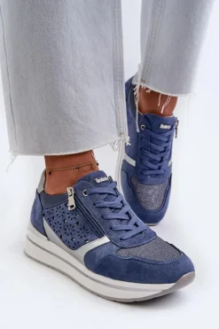 Damskie INBLU Sneakersy Damskie Na Platformie Z Ażurowym Wzorem I Brokatem IN000372 Niebieskie