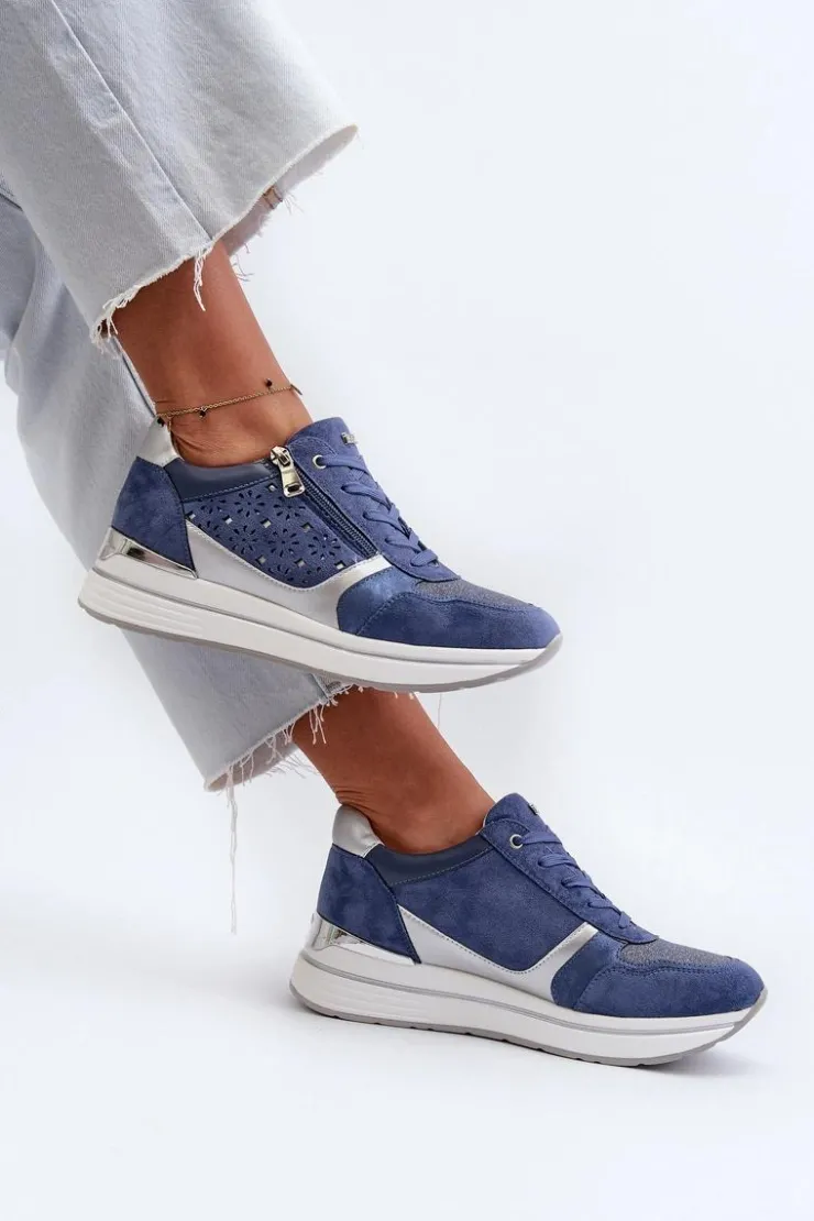 Damskie INBLU Sneakersy Damskie Na Platformie Z Ażurowym Wzorem I Brokatem IN000372 Niebieskie