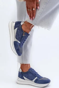 Damskie INBLU Sneakersy Damskie Na Platformie Z Ażurowym Wzorem I Brokatem IN000372 Niebieskie