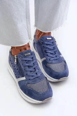 Damskie INBLU Sneakersy Damskie Na Platformie Z Ażurowym Wzorem I Brokatem IN000372 Niebieskie