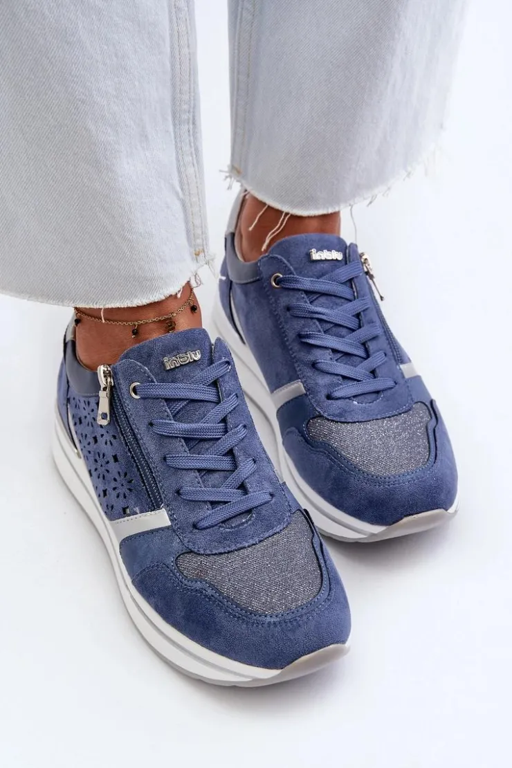 Damskie INBLU Sneakersy Damskie Na Platformie Z Ażurowym Wzorem I Brokatem IN000372 Niebieskie