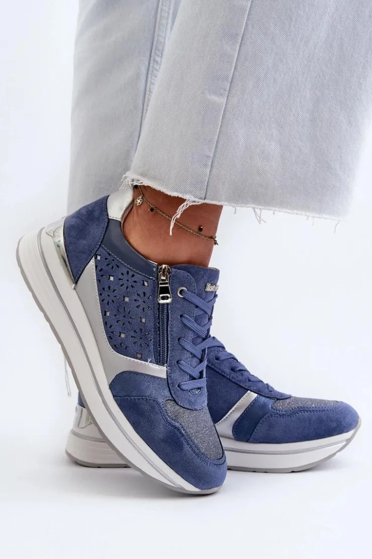 Damskie INBLU Sneakersy Damskie Na Platformie Z Ażurowym Wzorem I Brokatem IN000372 Niebieskie