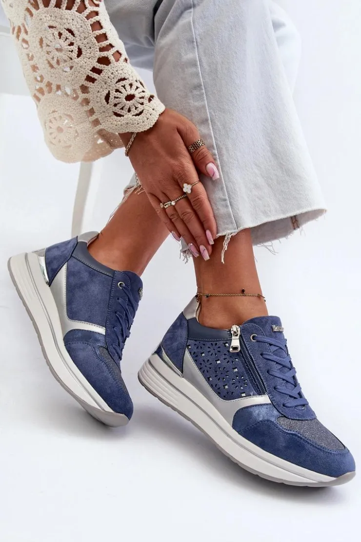 Damskie INBLU Sneakersy Damskie Na Platformie Z Ażurowym Wzorem I Brokatem IN000372 Niebieskie