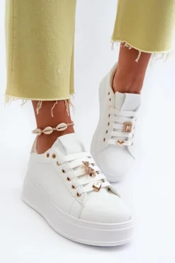 Clearance Boto Sneakersy Damskie Na Platformie Z Przypinkami Eko Skóra Białe Cavisa