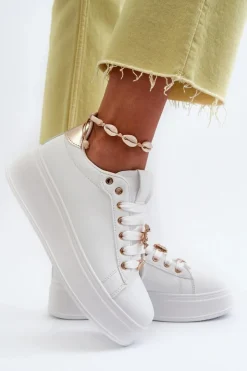 Clearance Boto Sneakersy Damskie Na Platformie Z Przypinkami Eko Skóra Białe Cavisa