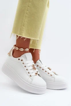 Clearance Boto Sneakersy Damskie Na Platformie Z Przypinkami Eko Skóra Białe Cavisa