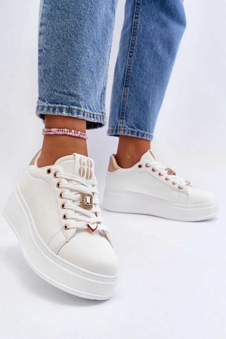 Damskie Boto Sneakersy Damskie Na Platformie Z Ozdobami Białe Herbisa
