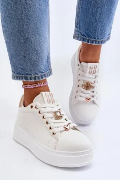 Damskie Boto Sneakersy Damskie Na Platformie Z Ozdobami Białe Herbisa