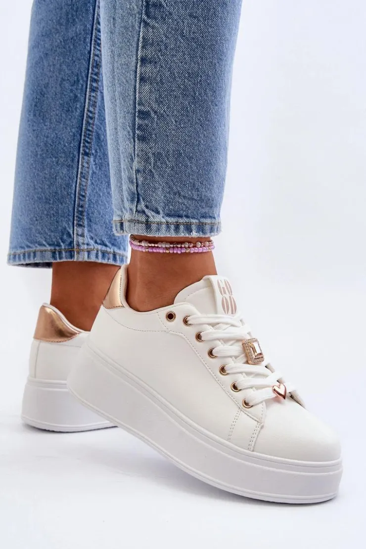 Damskie Boto Sneakersy Damskie Na Platformie Z Ozdobami Białe Herbisa